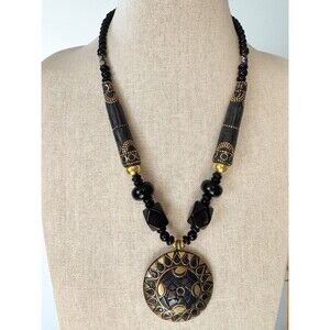 Vintage Brass Inlay Black Chunky Bohemian Necklace Large Pendant Tribal Ethnic